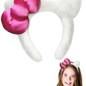 Kitty Headband White Cat Ears Hair Accessories with Pink Bow Birthday Party Cost